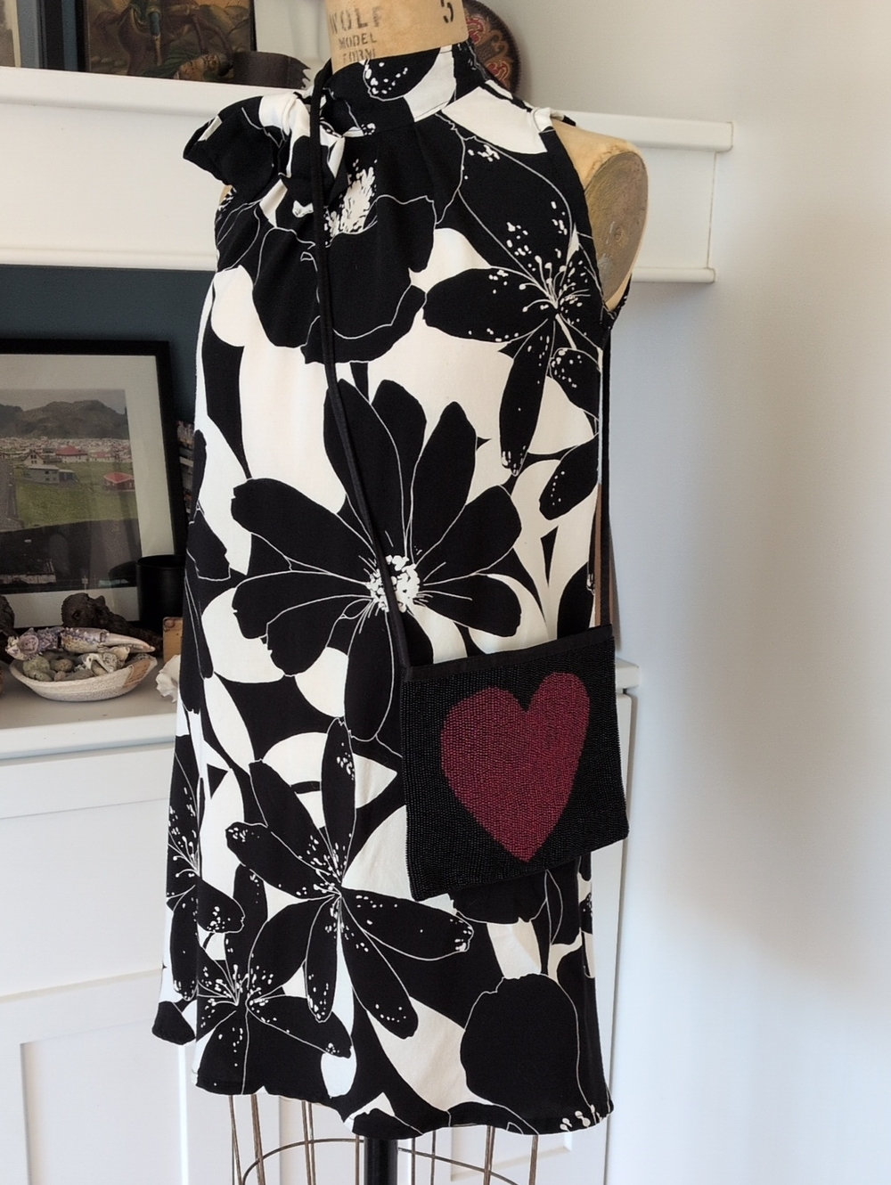 Vintage Moschino Beaded Heart Small Black Bag With Satin Trim